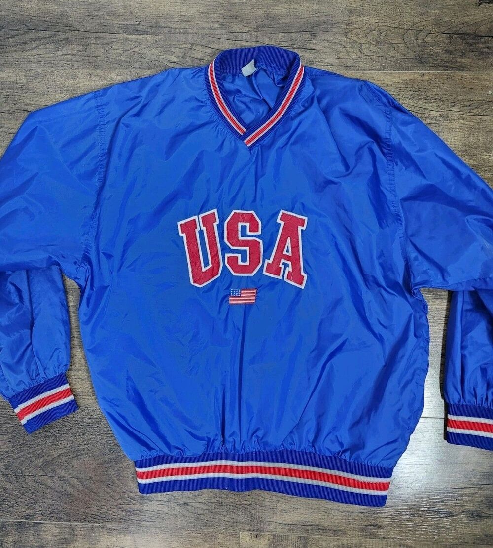 Vintage USA Athletic V Neck Warm Up Pullover Windbreaker Jacket Mens Medium